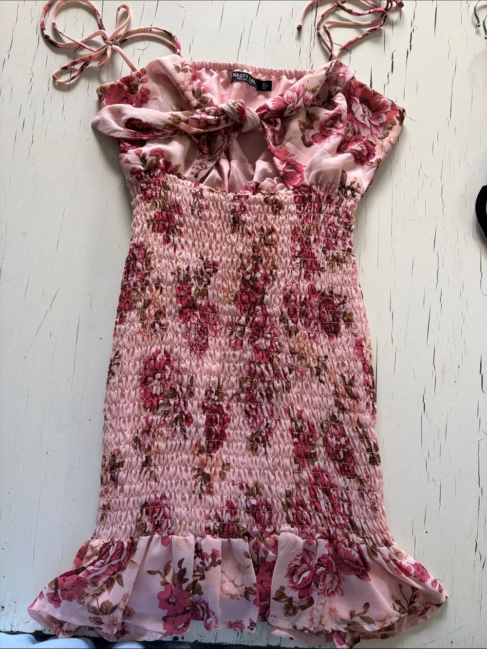 Nasty Gal Pink Floral Smocked Tie-Shoulder Kids Dress